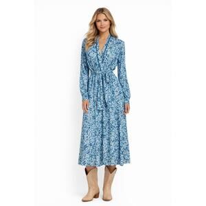 Poupette St Barth Kimi V Maxi Shirt Dress Blue Floral Belted Embroidery Medium
